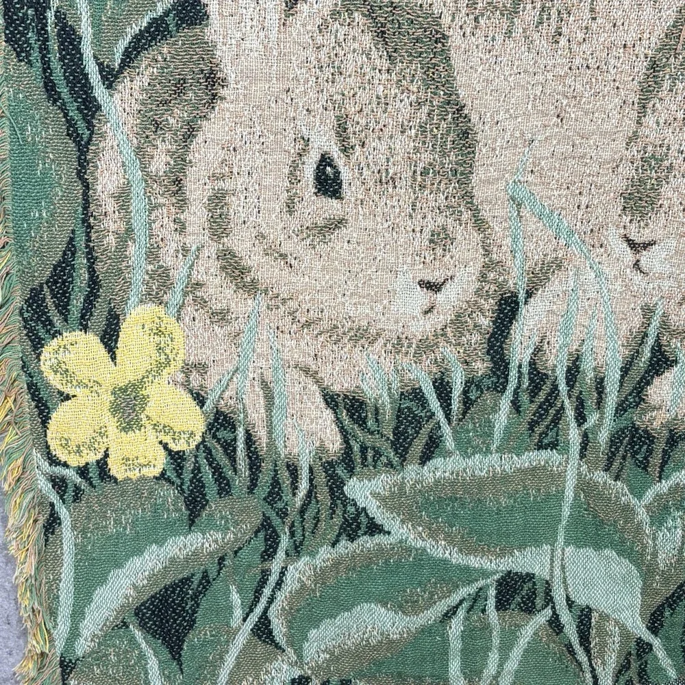 Vintage Woven Bunny Rabbit Tapestry Throw Blanket Fringe Easter Cottagecore